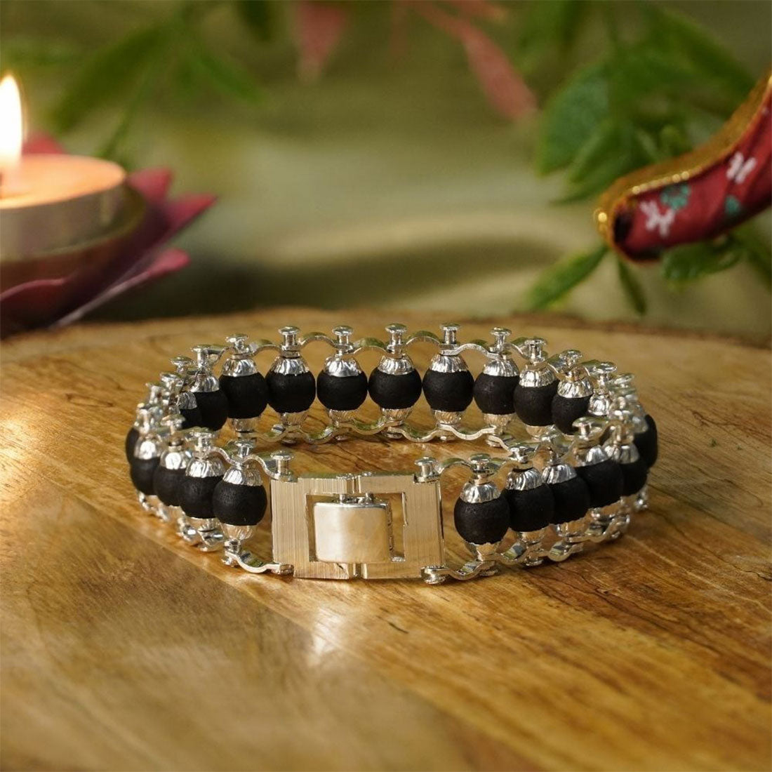 Silver-Plated Karungali Chain Bracelet - Made from Natural Ebony Wood