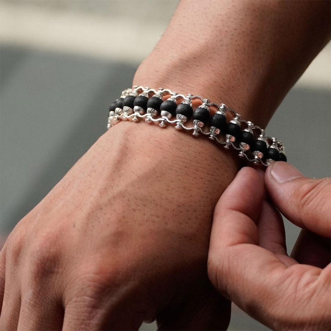 Silver-Plated Karungali Chain Bracelet - Made from Natural Ebony Wood